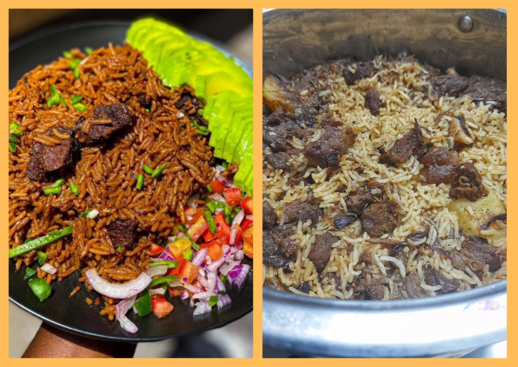 A serving of Pilau with avocado and pilau in a big pot