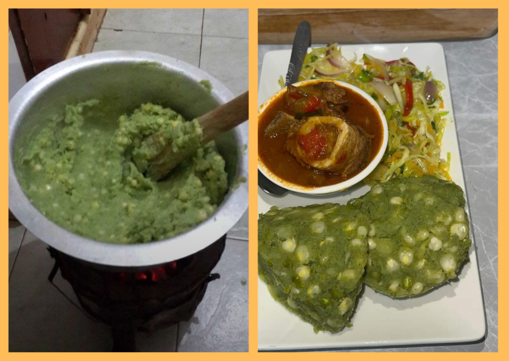 Mukimo in a big pot and served with beef stew and cabbage