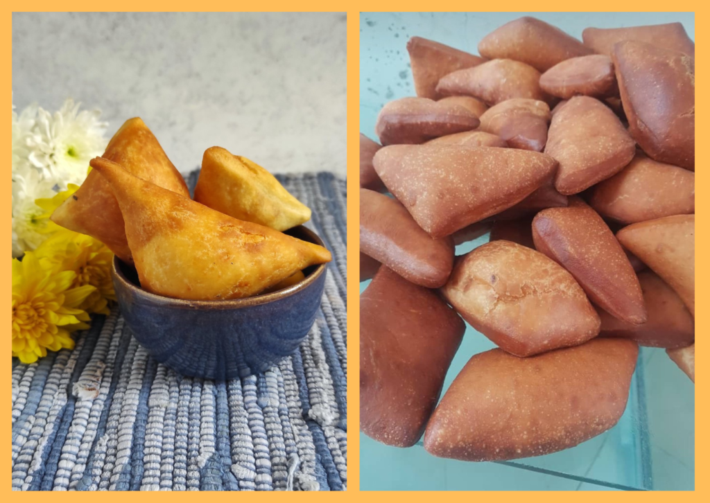 Maandazi in a bowl and spread on a table