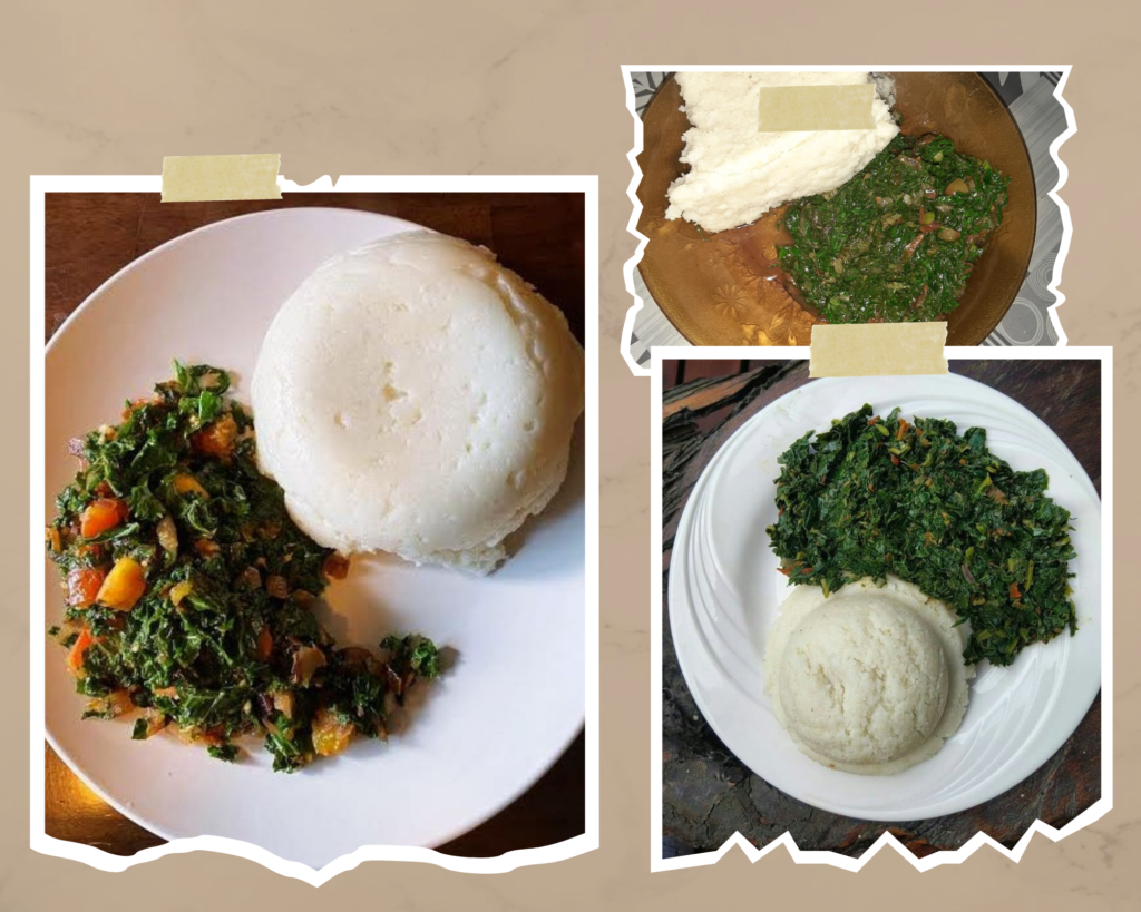 A collage of ugali and sukuma wiki one of the most affordable Kenyan dishes