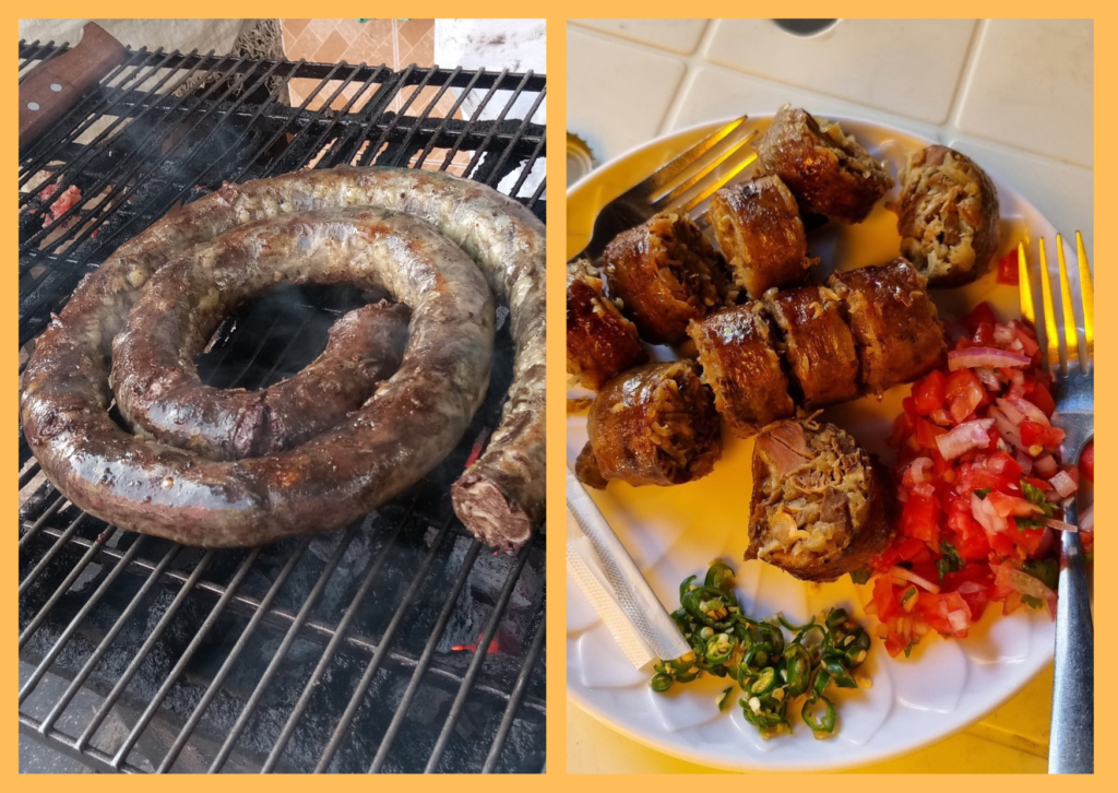 Mutura roasting over grill and served on a plate