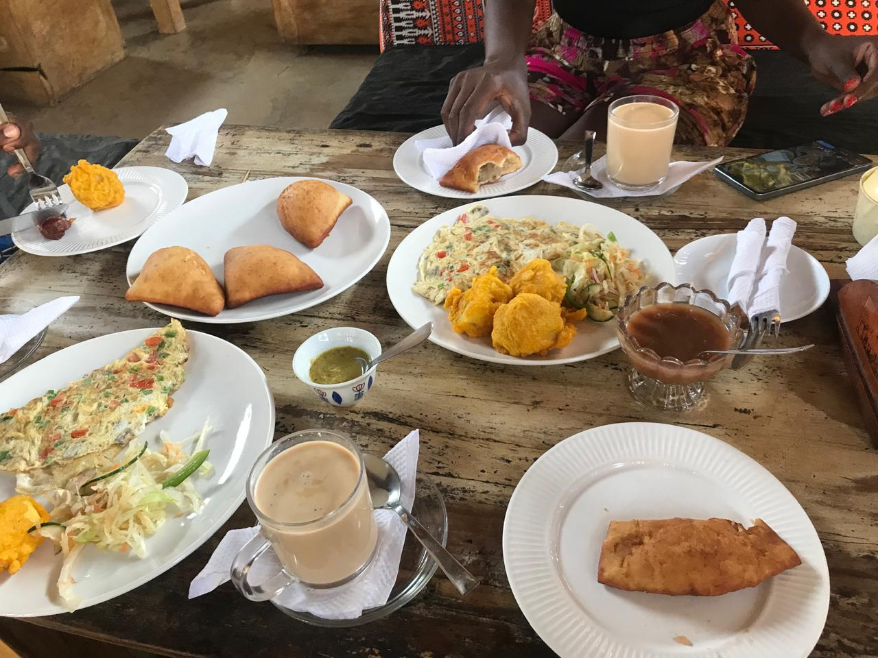 Breakfast food laid out on a table